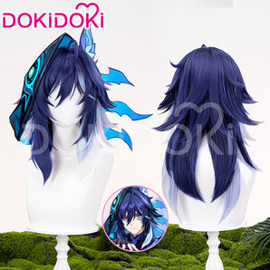 DokiDoki Game Genshin Impact Ororon Cosplay Wig Long Straight Navy Blue Light Blue Highlights Hair Natlan