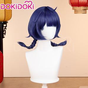 DokiDoki Game Genshin Impact Cosplay Xiang Ling Lantern Rite Wig Short Blue Hair Double Ponytails XiangLing