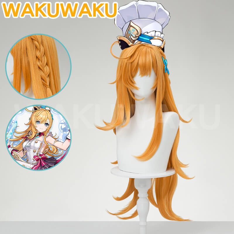 WakuWaku Game Genshin Impact Escoffier Wig Orange Long High Heat Resistant Wig