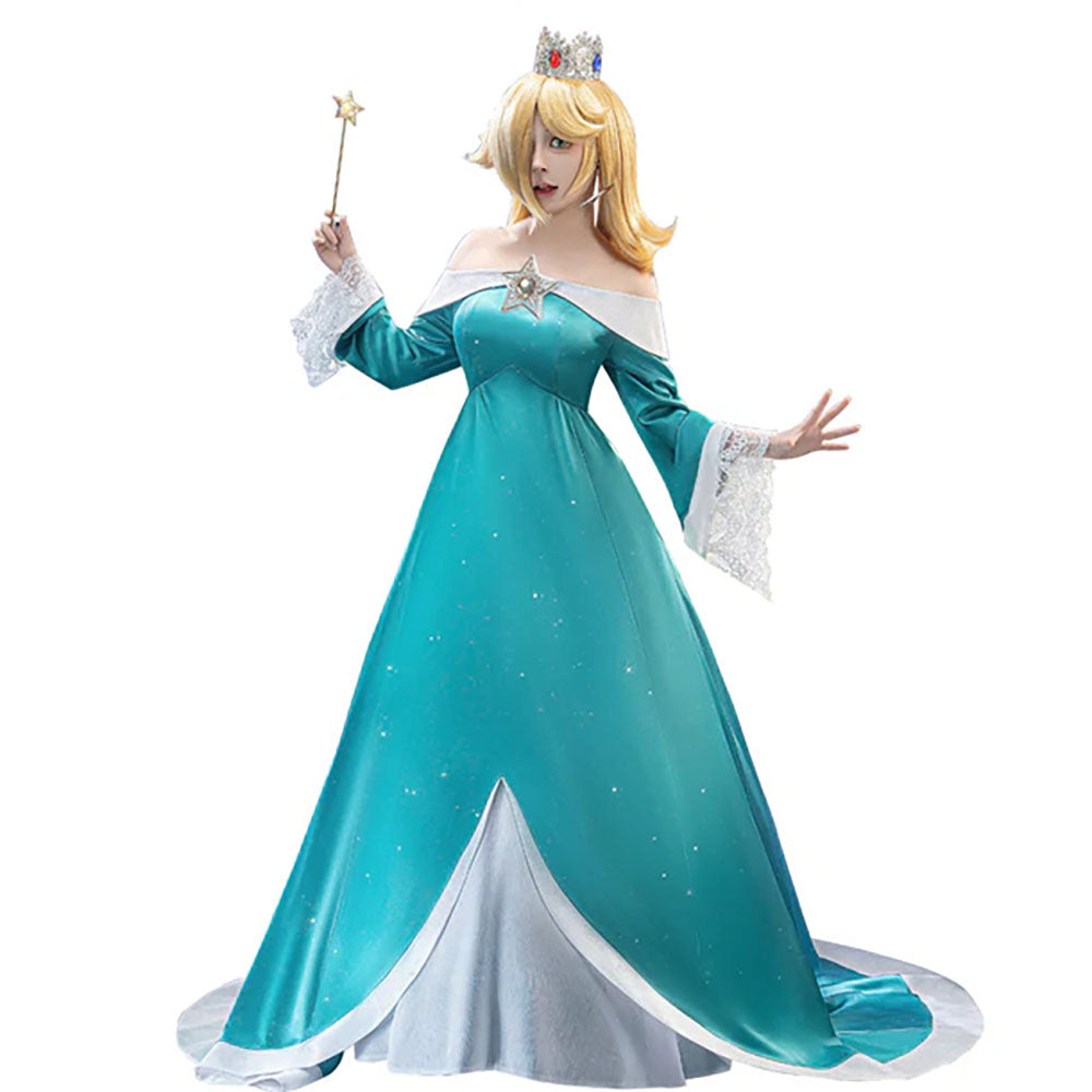 Movie Mario Rosalina Cosplay Costume Blue Princess Dress Off-Should Dress – Wakuwakucosplay